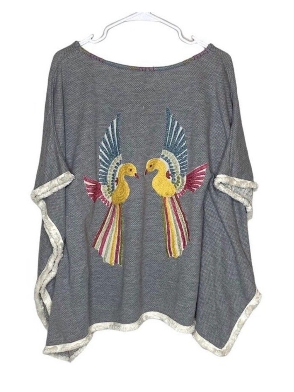 Judith March Embroidered Bird Fringed Gray Knit Poncho Top